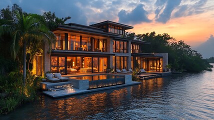 Modern waterfront house at sunset