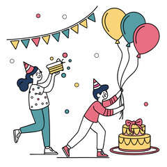 Joyful Birthday Celebration Vector – Characters with Cake, Balloons, Party Hats, and Colorful Decorations