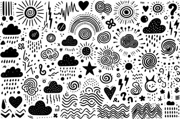 Сollection of various black doodle elements, manga-style illustration pictogram icon set. EPS version.