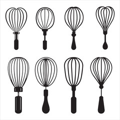 Naklejka premium Eight different whisks black silhouette kitchen utensils for cooking on white background