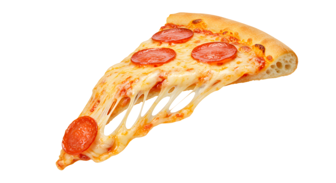  Slice of pepperoni pizza with melting cheese pull, isolated on white background.