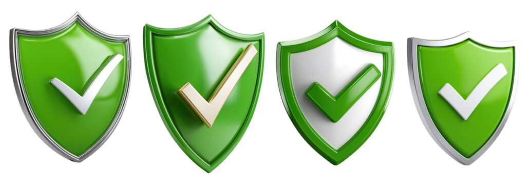 Green shield icons with check marks isolated on transparent background for protection, security and verification