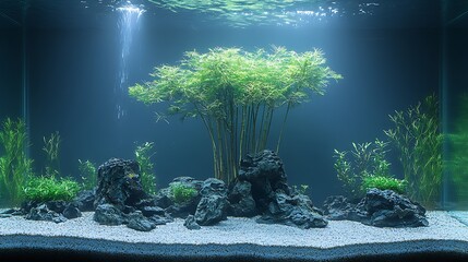 Aquarium design with plants and rocks