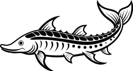 Lake sturgeon silhouette, freshwater fish line art, aquatic animal vector, minimal marine drawing, nature illustration design