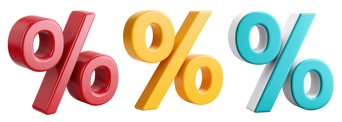 Colorful 3D percent signs isolated on transparent background for discount, sale, finance, and promotion concepts