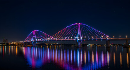 Night View of a Cable-Stayed Bridge Illuminated with Colorful Lights