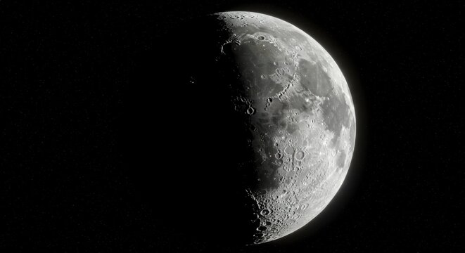 Half-moon's illuminated surface, craters, and dark side visible against the black backdrop of space