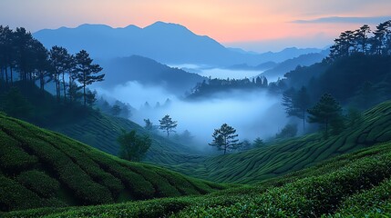 Misty tea plantation sunrise landscape