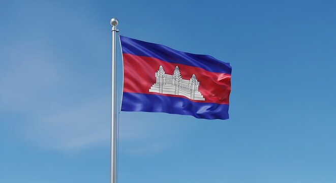 Cambodian National Flag Waving Proudly Against a Clear Blue Sky
