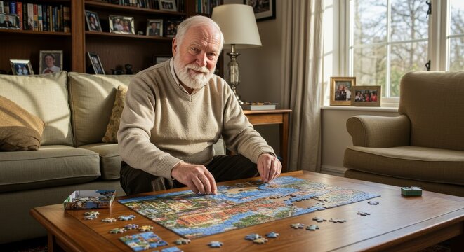Elderly man enjoys leisure time assembling jigsaw puzzle at home in bright living room