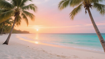 Obraz premium Coconut palm trees silhouetted against soft pastel sunrise over turquoise ocean waters and pristine white sands on a tropical isle.