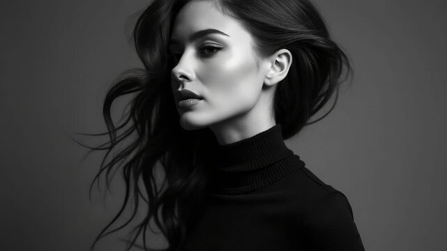 Black and white fashion art studio portrait of beautiful elegant woman in black turtleneck. Hair high beam, perfect profile face. Elegant beauty style.