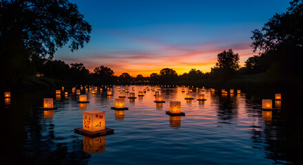 Floating Lanterns Light Up Water at Dusk