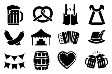 Silhouette Oktoberfest icons beer, lederhosen, pretzel, sausages, tent, accordion vector