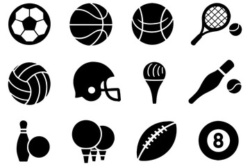 Silhouette icons of popular sports gear and balls for diverse athletic activities vector