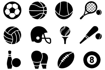 Silhouette icons of popular sports gear and balls for diverse athletic activities vector
