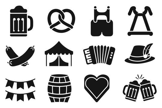 Silhouette Oktoberfest icons beer, lederhosen, pretzel, sausages, tent, accordion vector