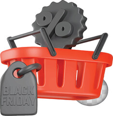 3D black Friday basket design featuring discount tag and holiday shopping theme