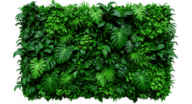 Lush green vertical garden wall with diverse tropical foliage isolated on transparent background