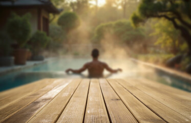 Empty wooden platform with copy space for product, blurred man relaxing in thai garden and spa in background. Japanese-style garden with lush greenery, pools, and elements of serene spa retreat. 