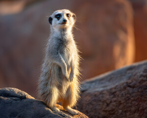 Fototapeta premium Alert Meerkat Standing Upright on Rock in Warm Sunlight