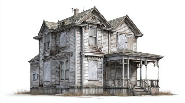 Worn Classic Home. Isolated 3D Illustration of an Old House Showing Architectural Decay and Potential for Renewal