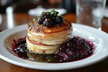A plate of pancakes served with a side of homemade berry compote