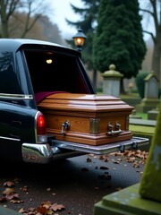 A coffin is being loaded into a hearse during a funeral at a cemetery with gravestones and trees visible.