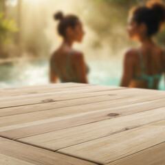 Empty wooden platform with copy space for product, blurred women relaxing in thai garden and spa in background. Japanese-style garden with lush greenery, pools, and elements of serene spa retreat. 