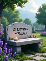 A memorial bench in a tranquil garden surrounded by flowers, honoring a loved one.