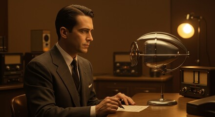 Elegant broadcaster in vintage studio, crafting script for classic radio program with vintage