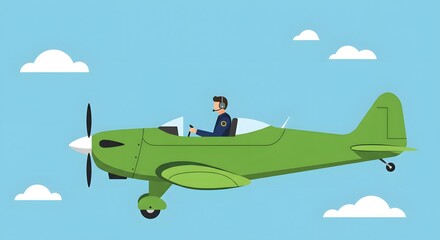 Pilot in a Vintage Green Propeller Plane Soaring Through a Cartoon Sky
