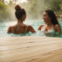 Empty wooden platform with copy space for product, blurred women relaxing in thai garden and spa in background. Japanese-style garden with lush greenery, pools, and elements of serene spa retreat. 