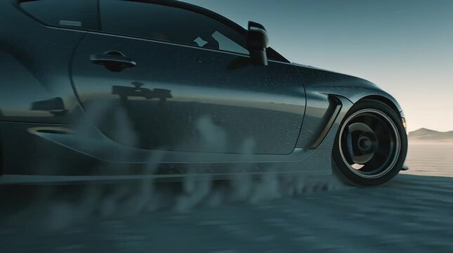 High-performance car drifts through desert landscape at sunset showcasing skill and power