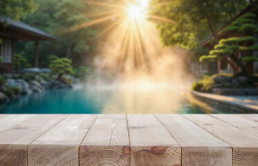 Empty wooden platform with copy space for product, sunshine, relaxing thai garden and spa in background. Japanese-style garden with lush greenery, pools, and elements of serene spa retreat. 