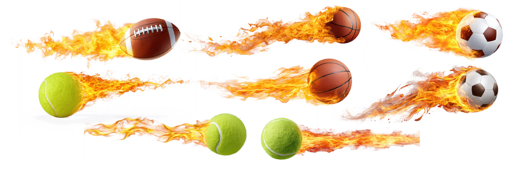 Set of flaming sports balls including football, basketball, tennis ball and soccer ball on transparent background for action and energy themes