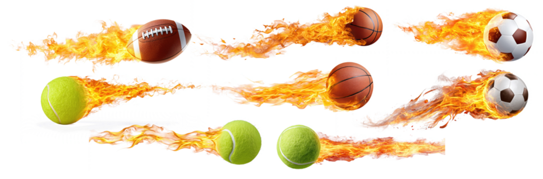 Set of flaming sports balls including football, basketball, tennis ball and soccer ball on transparent background for action and energy themes - Powered by Adobe