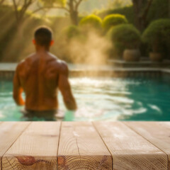 Empty wooden platform with copy space for product, blurred man relaxing in thai garden and spa in background. Japanese-style garden with lush greenery, pools, and elements of serene spa retreat. 