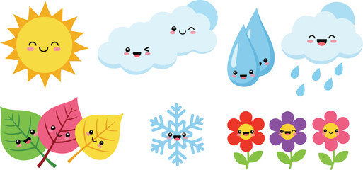 Cute weather icons with happy faces isolated on transparent background