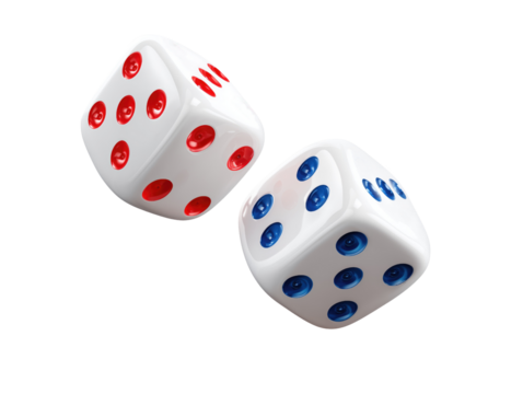 Two white dice with red and blue dots isolated on transparent background