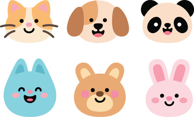 Cute cartoon animal faces collection isolated on transparent background