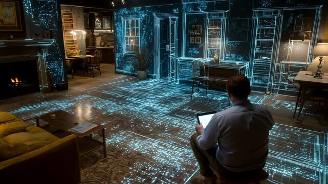 Contractor reviews tablet as AI holographic floorplan unfurls across a modern living room &mdash; slow dolly-in over a warm, wireframe-projected renovation scene