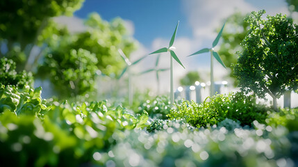 Lush green landscape with wind turbines, showcasing sustainable energy amidst nature.  Detailed view of flourishing vegetation,  windmills, and greenery