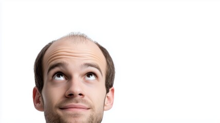Obraz premium A young Caucasian man with short brown hair looks up with a thoughtful expression. He has a light beard and is wearing a plain white shirt.