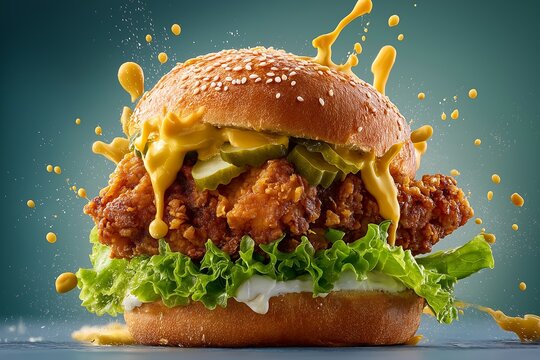 Close up of a delicious chicken burger with sauce splashing on a turquoise background