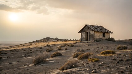 Rustic Desert Retreat: Solitary Old Wooden Structure on Sandy Hillside Under Golden Evening Light