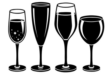 Black and White Silhouette of Various Drink Glasses Vector