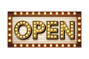Vintage marquee sign illuminates the word open