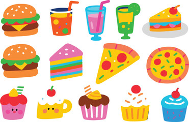 Collection of colorful cartoon fast food and desserts isolated on transparent background