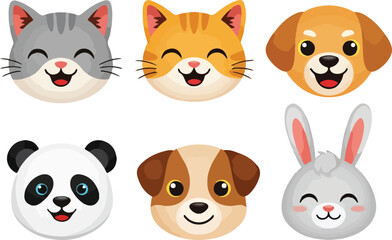 Fototapeta premium Cute cartoon animal faces including cat dog panda and rabbit isolated on transparent background